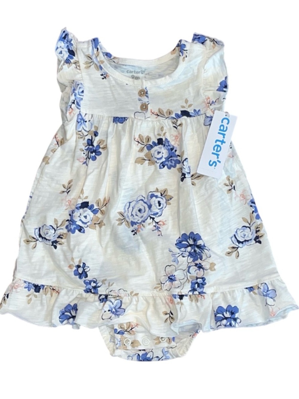 Carters Ivory Blue Floral Dress Romper One Piece Ruffle NWT Infant Girls 9 Mos